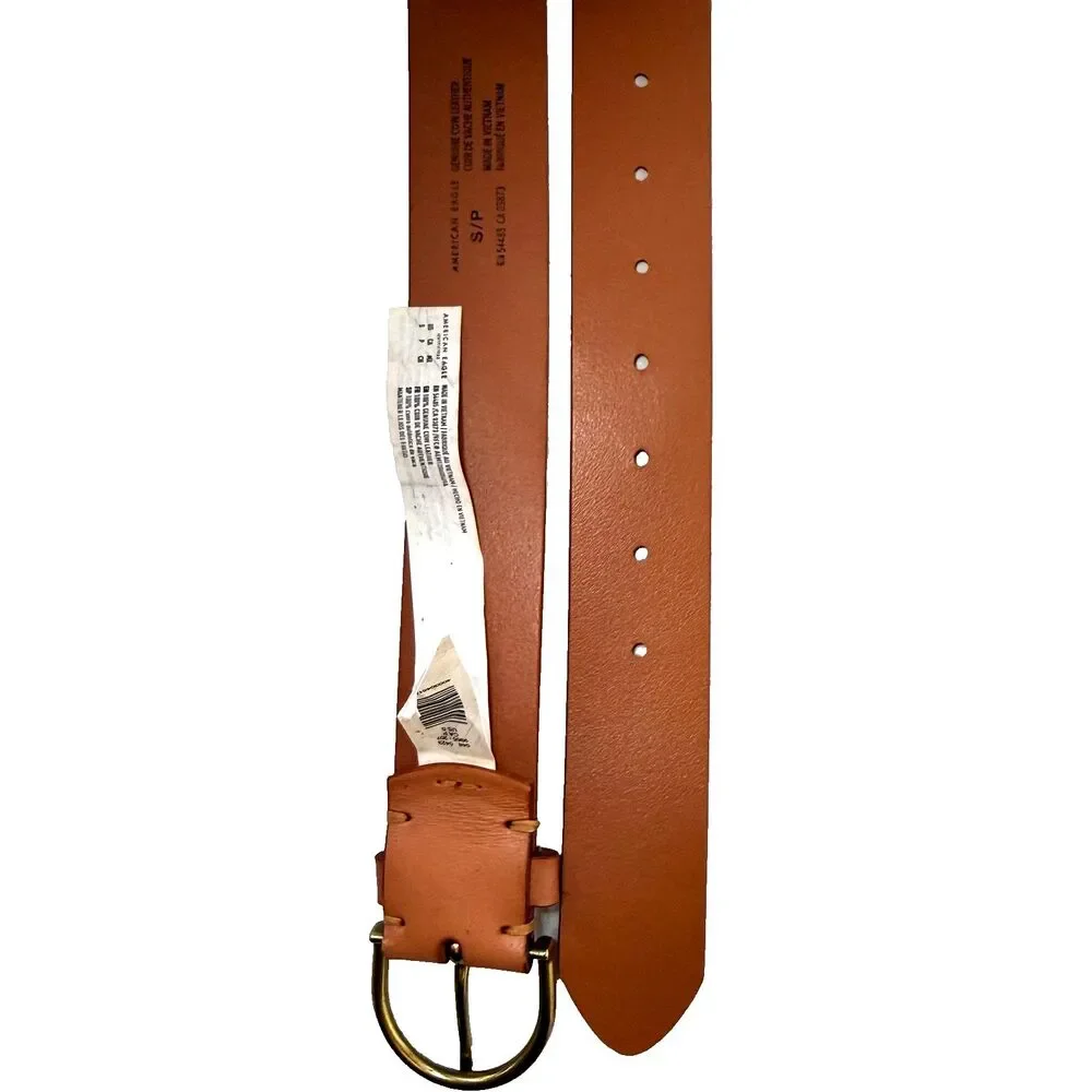 Vtg American Eagle Outfitters AEO Tan Beige Leather Belt Size 28 Small Brass
